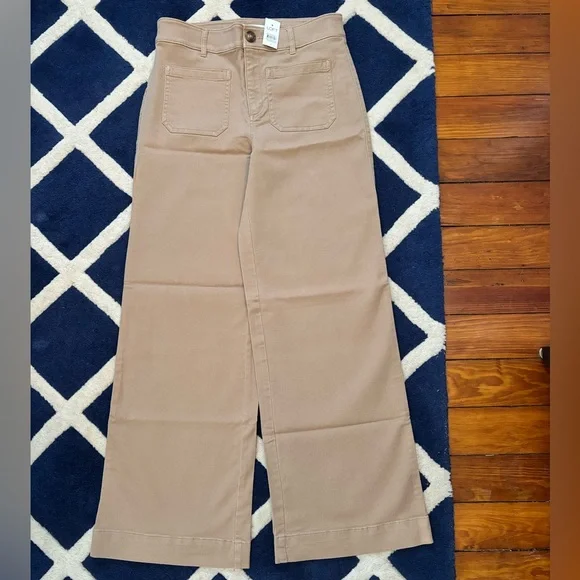 NEW LOFT Palmer Wide Leg Pants 4 Twill Beige Khaki Button Patch Pocket Trousers - Picture 2 of 6